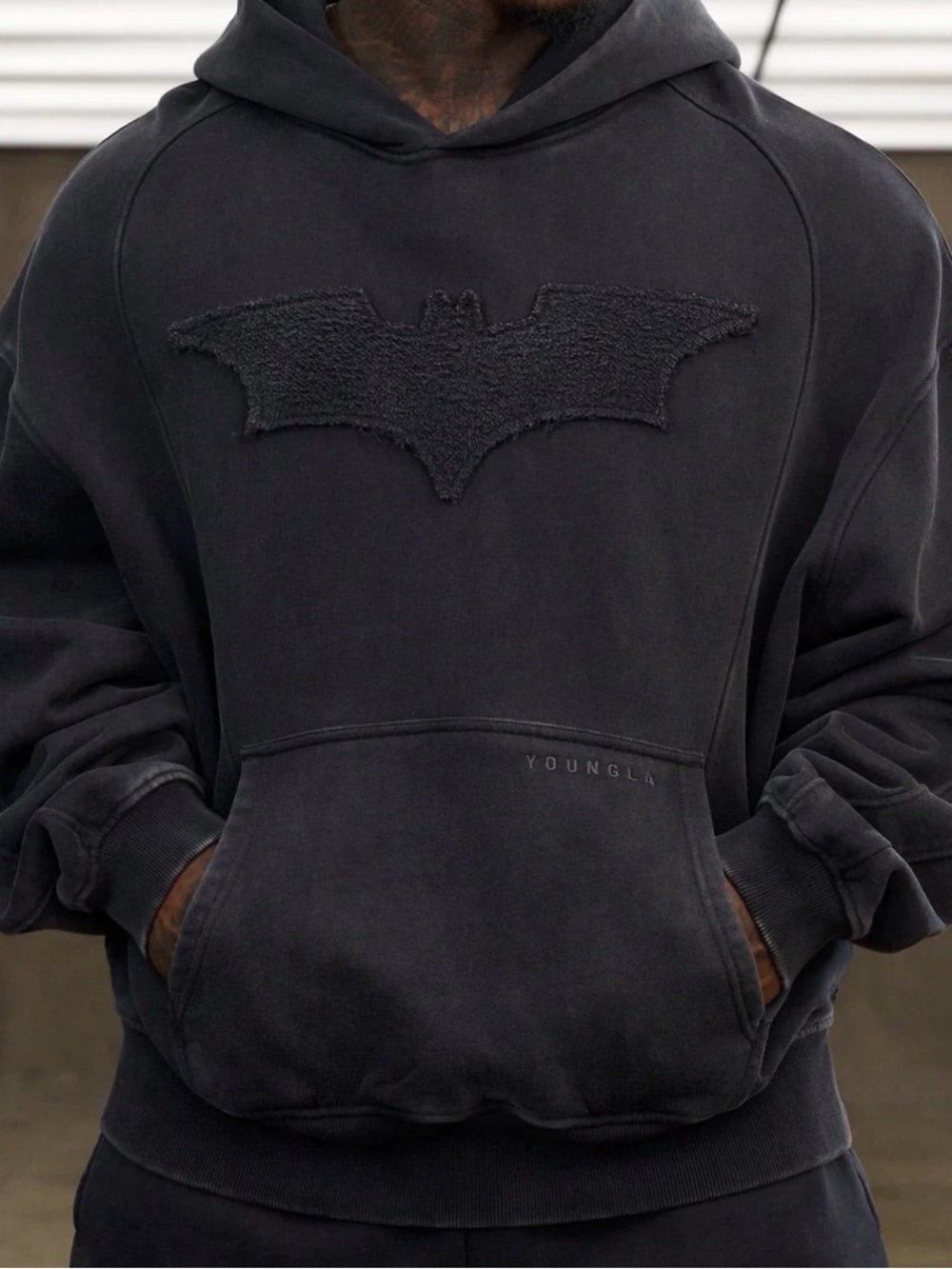 Youngland Black Pullover Hoodie with Textured Bat Emblem